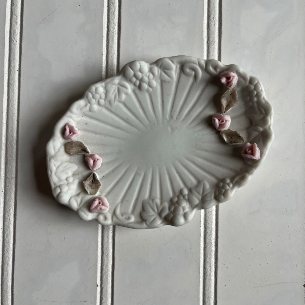 Vintage Porcelain Trinket Dish Pink Roses Embossed Grapes White oval Tray